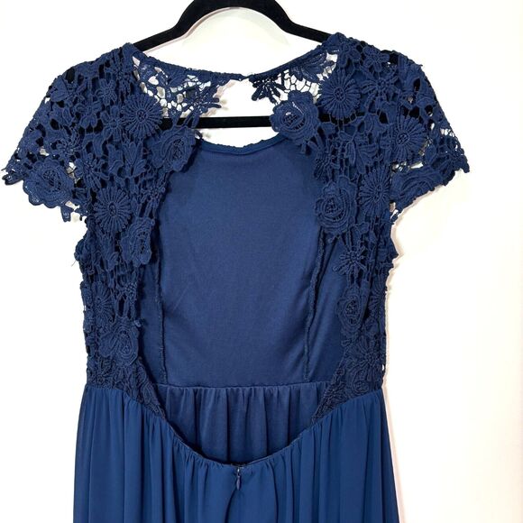 Lulus Navy Blue Crochet Lace Maxi Dress L Open Back Sexy Bridesmaid Wedding - Picture 8 of 15